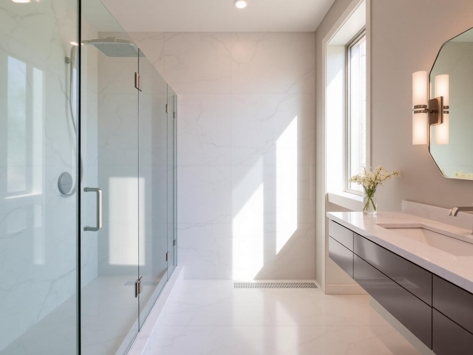 Custom master bathroom remodel with large-format porcelain